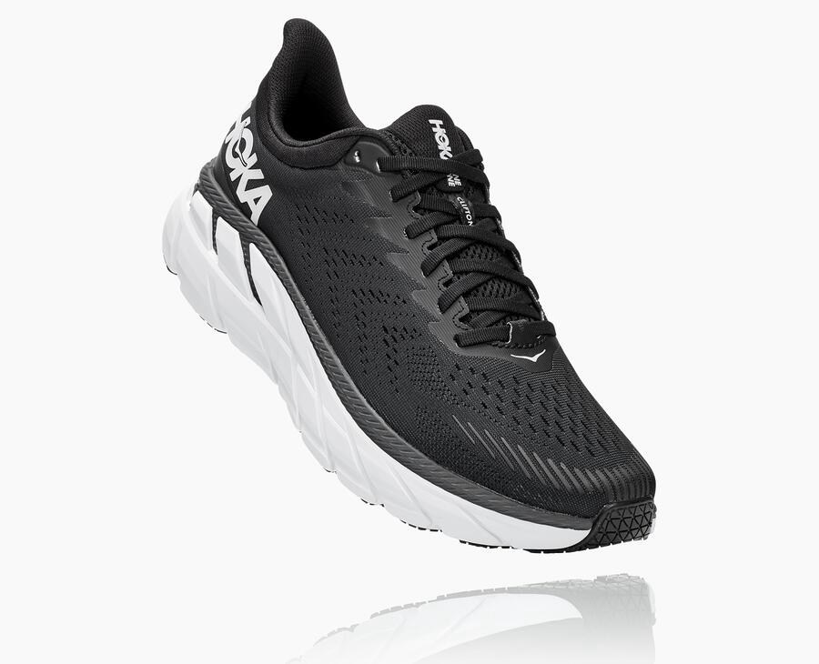 Hoka One One Running Shoes Mens Black/White - Clifton 7 - 90716ULTK